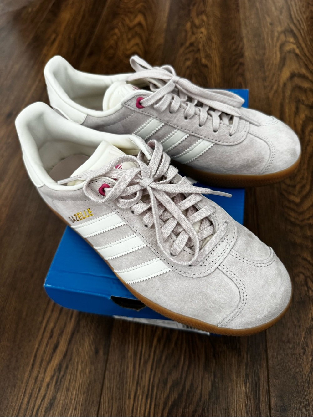adidas Gazelle Suede Sneakers in Pale Gray & White with Gum Sole